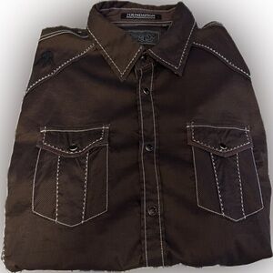 Roar Metallic Brown Casual Snap Button Down Shirt for Men Large Long Sleeves